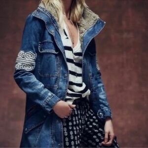 Free People Embroidered Rendered Sherpa Denim Parka